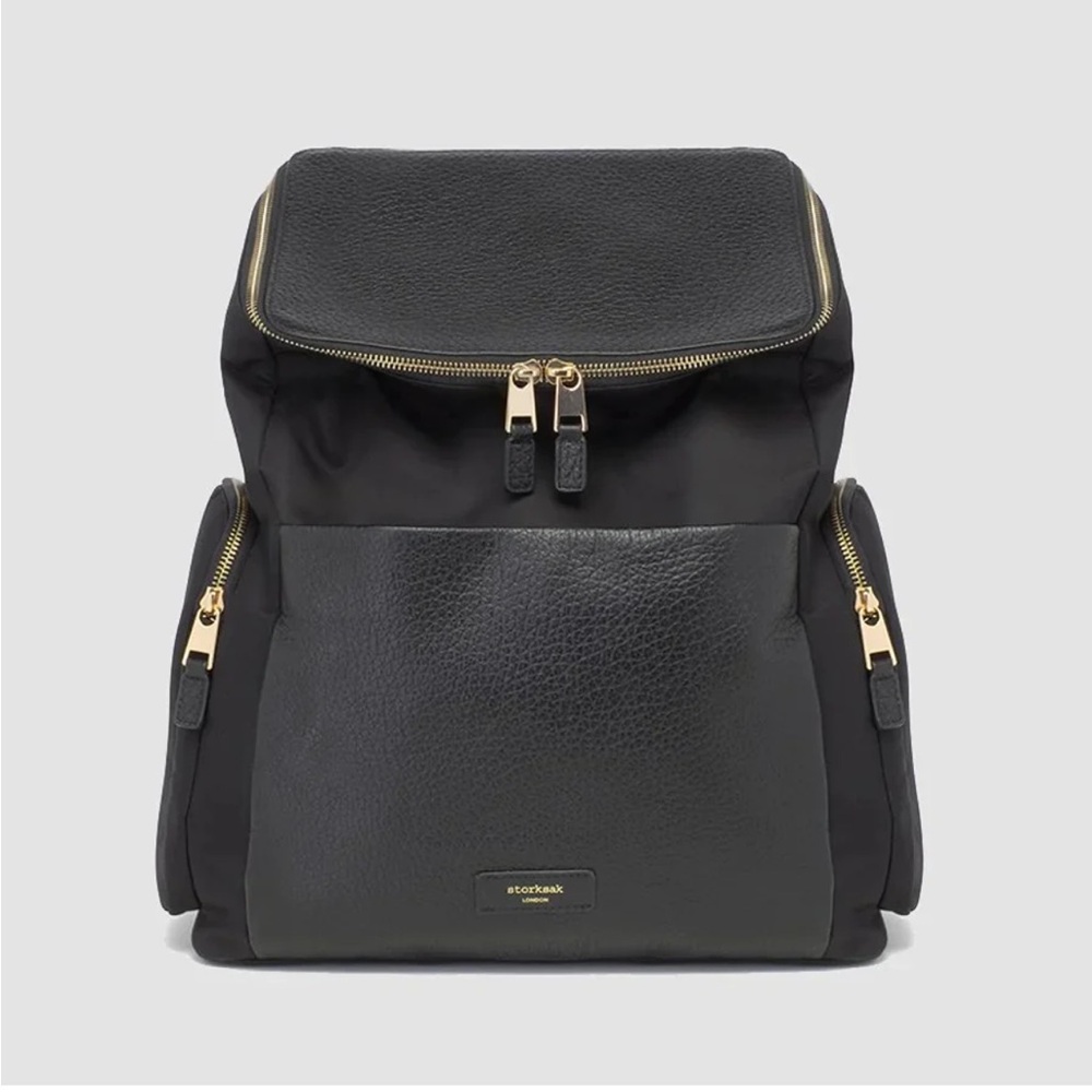 Storksak leather Black Baby Bag backpack with Gold Zipper